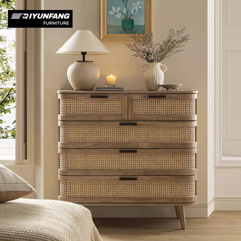 Retro Solid Wood Rattan Five-Drawer Bedside Cabinet 100cm