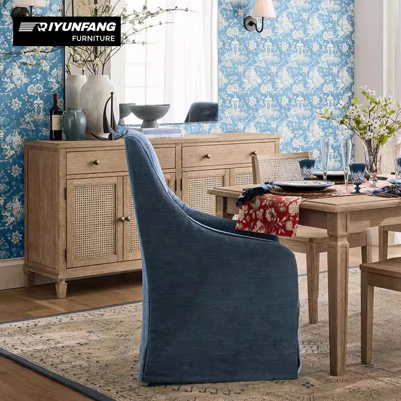 Solid Oak Wood Sideboard with Natural Rattan Storage Retro Style