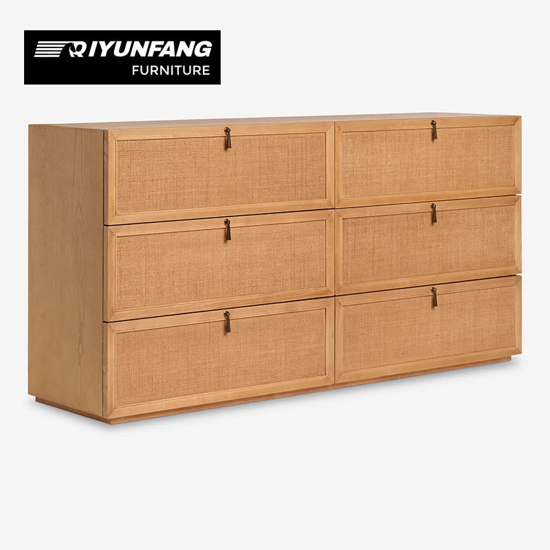 6-Drawer Rattan Storage Cabinet Modern American Ash Wood 165cm