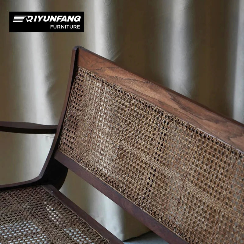 Traditional Nordic Solid Wood Rattan Sofa Chair Vintage Walnut
