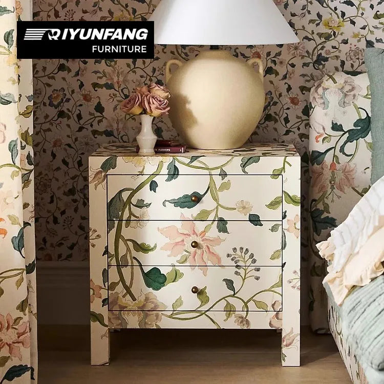Hand-painted Floral Nine-drawer Wood Cabinet Modern Storage Unit