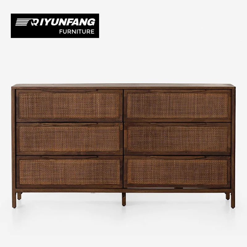 Solid Wood 6-Drawer Side Cabinet Rattan Woven Modern Storage