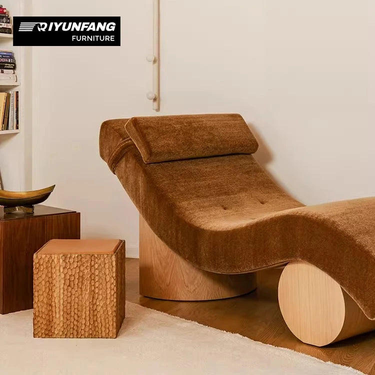 Modern Sculptural Fabric Lounge Chaise Solid Wood Base