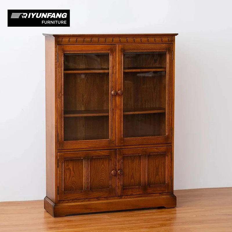 Solid Oak Wood Rustic Dining Hutch Cabinet Glass Display