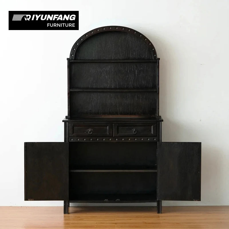 Solid Oak Arched Display Bookcase With Storage Cabinet 100cm Black