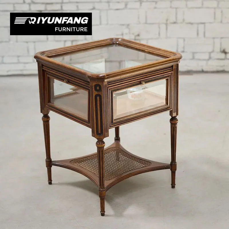 Vintage Solid Wood Round Side Table Glass Top Rattan