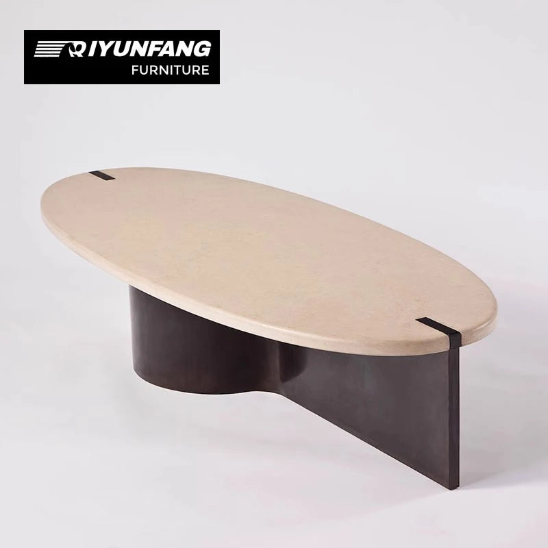 Minimalist Solid Wood Oval Coffee Table Marble Top Natural Finish