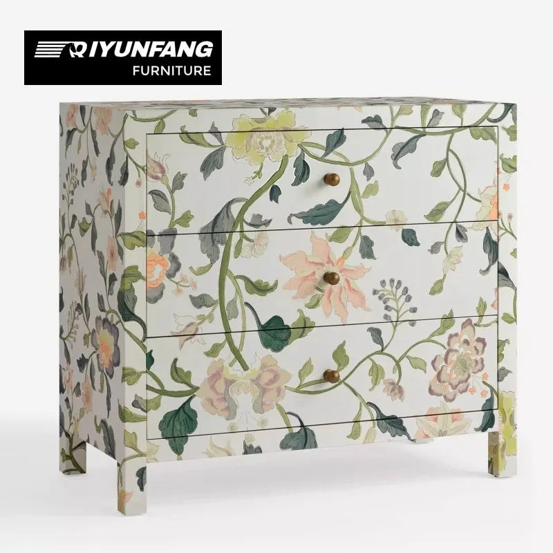 Hand-painted Floral Nine-drawer Wood Cabinet Modern Storage Unit
