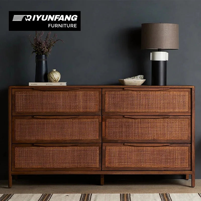 Solid Wood 6-Drawer Side Cabinet Rattan Woven Modern Storage