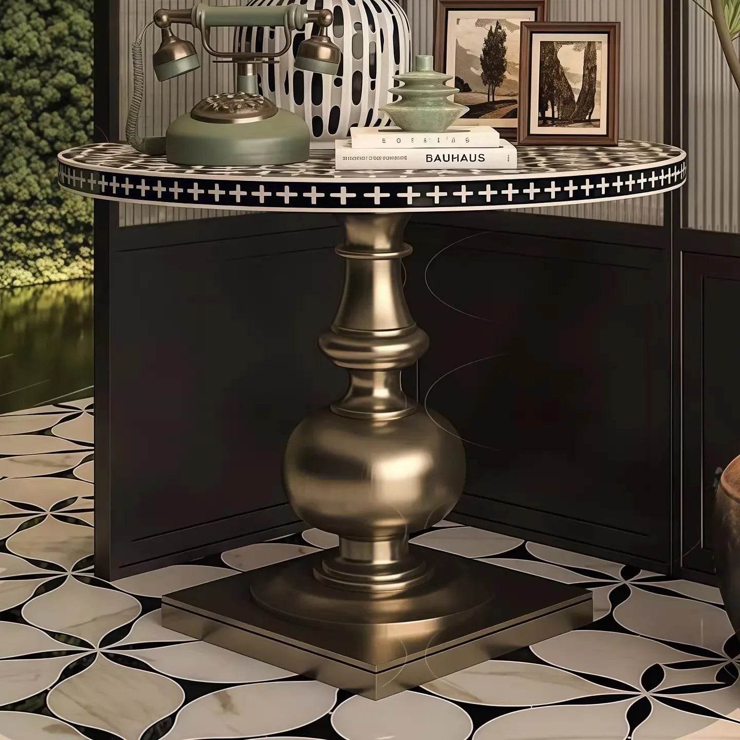 Solid Birch Wood Round Dining Table with Golden Inlay