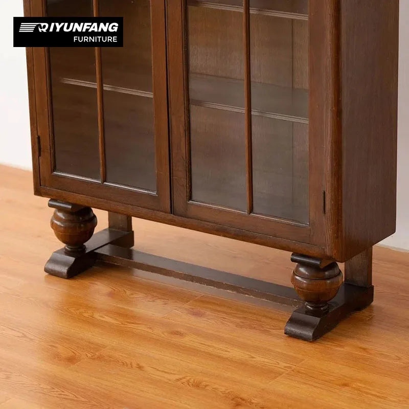 Distressed Cherry Wood Entrance Hall Storage Cabinet with Glass Door