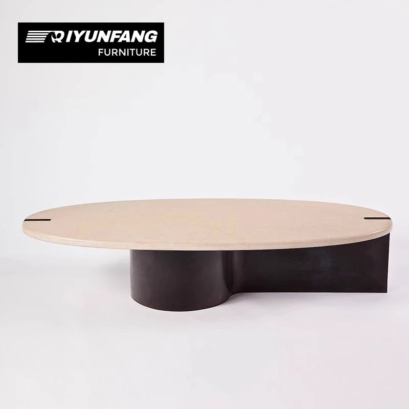 Minimalist Solid Wood Oval Coffee Table Marble Top Natural Finish