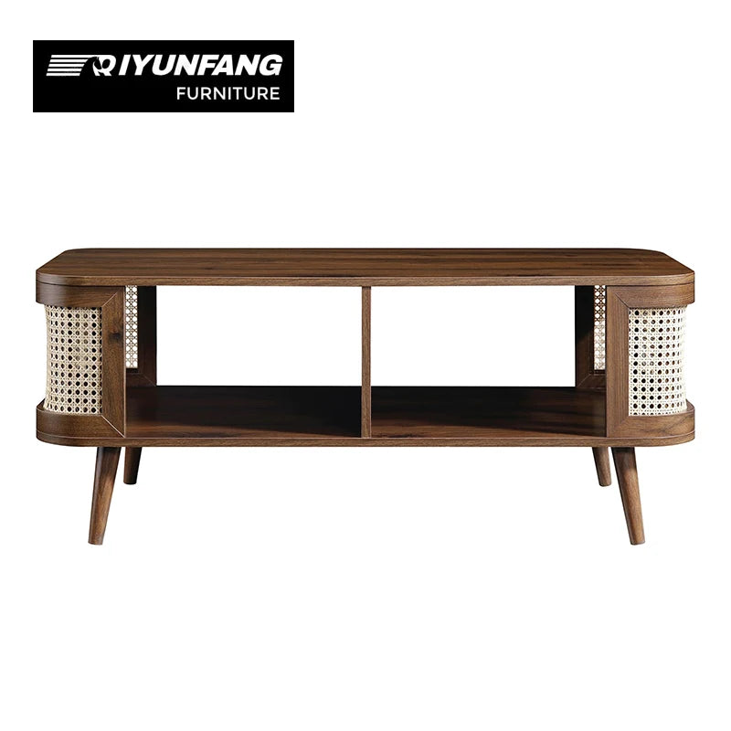 Vintage Oval Solid Wood and Rattan Coffee Table 110cm