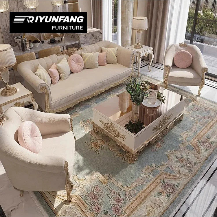 Baroque Chesterfield Sofa Set French Style Solid Wood Fabric
