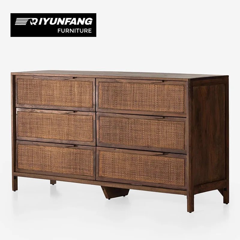 Solid Wood 6-Drawer Side Cabinet Rattan Woven Modern Storage