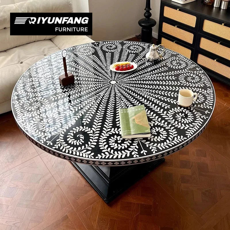 Neo-classical Round Dining Table Solid Wood Shell Inlay