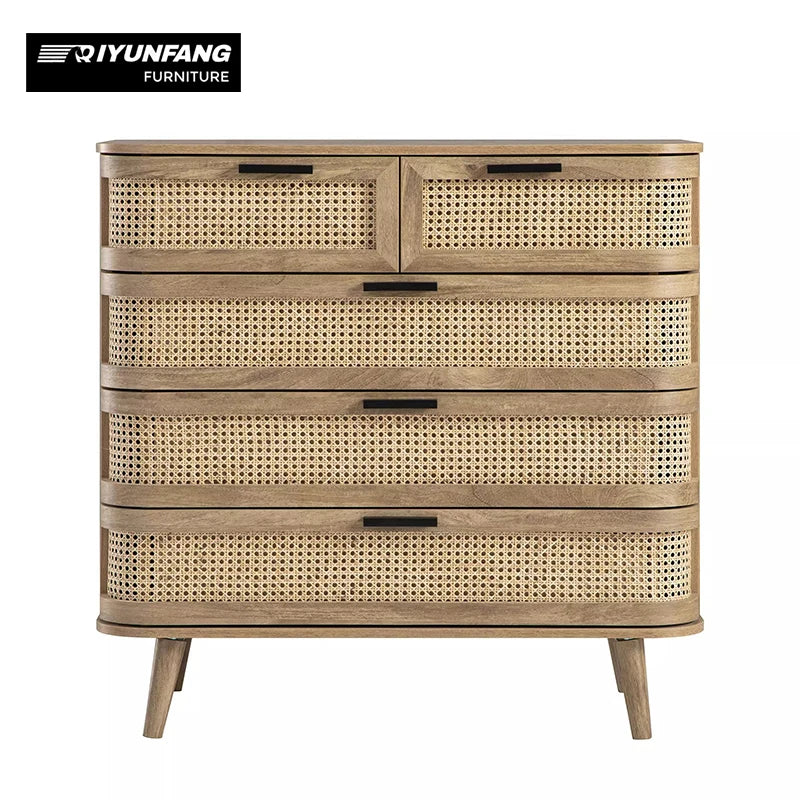 Retro Solid Wood Rattan Five-Drawer Bedside Cabinet 100cm