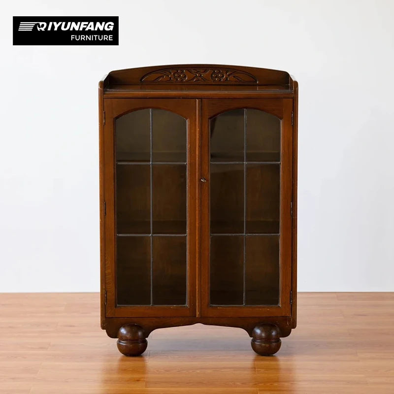 Contemporary Luxury 2-Door Glass Cabinet Solid Oak Walnut Finish
