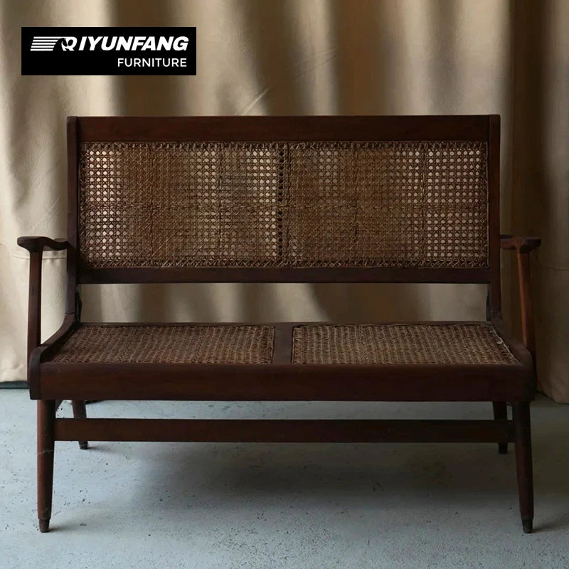 Traditional Nordic Solid Wood Rattan Sofa Chair Vintage Walnut