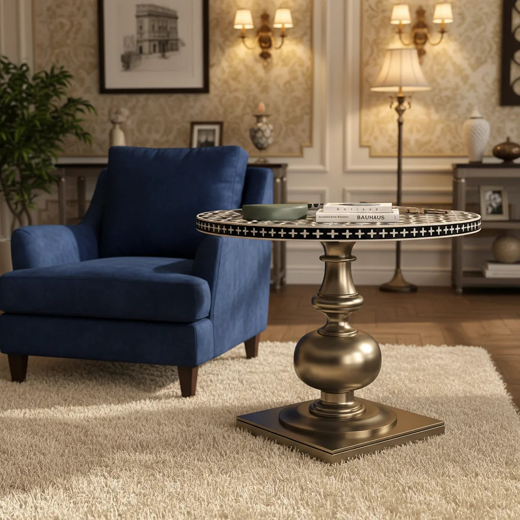 Solid Birch Wood Round Dining Table with Golden Inlay