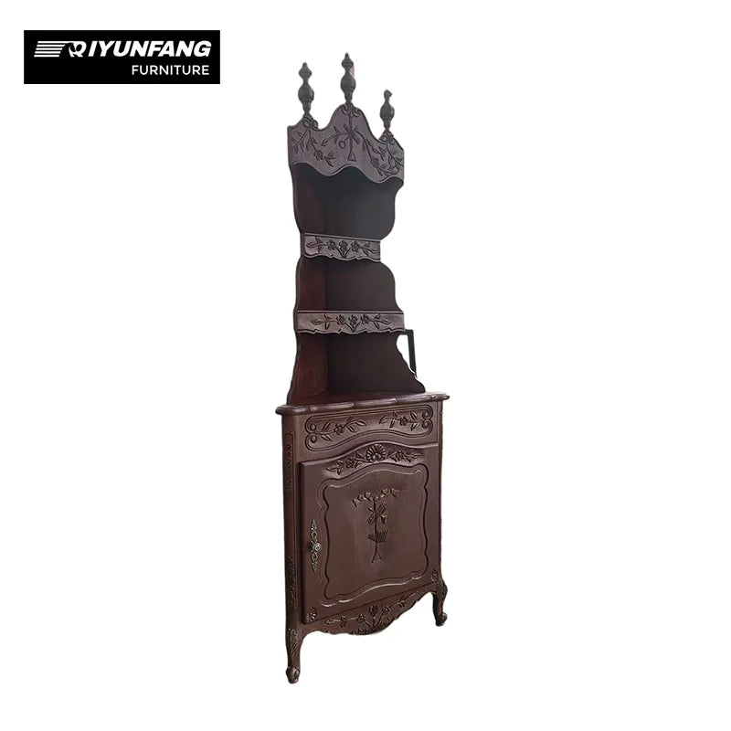 Solid Wood Retro Triangular Corner Cabinet 3 Compartment Antique Finish