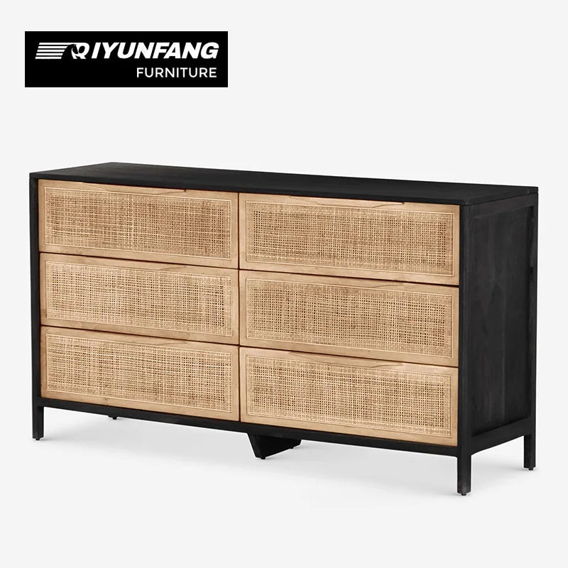 Solid Wood 6-Drawer Side Cabinet Rattan Woven Modern Storage