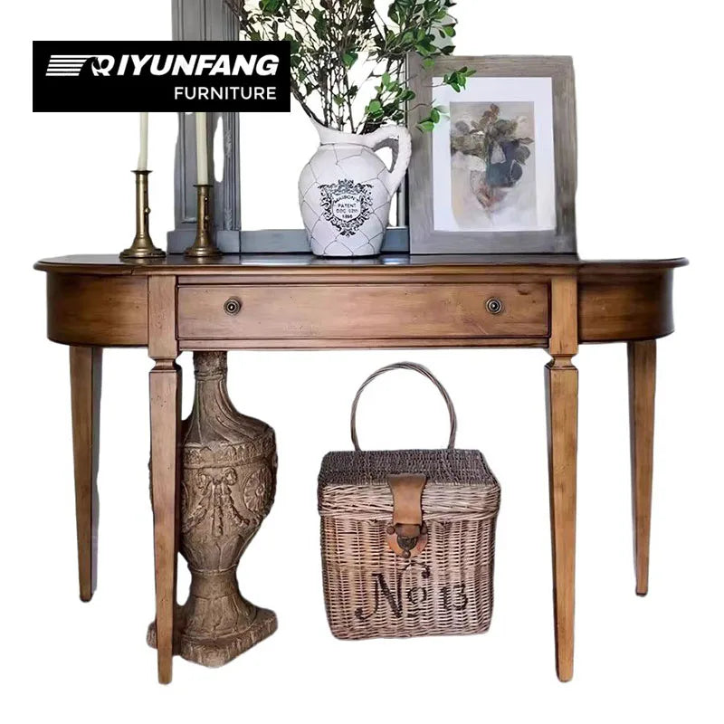 French Retro Solid Wood Semi-circular Entrance Console Table