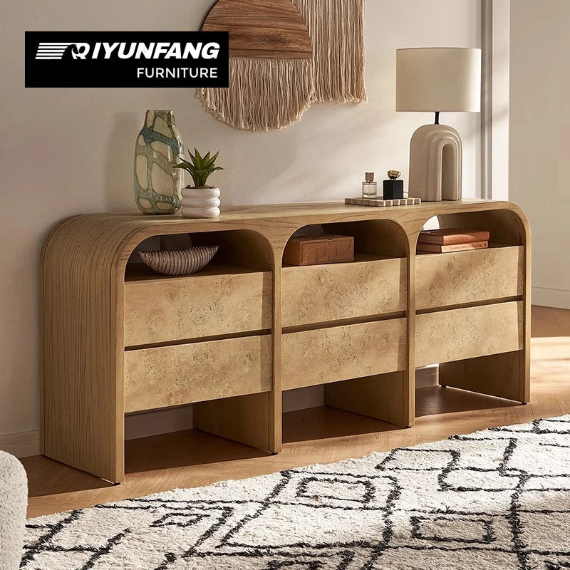 Retro Solid Wood Sideboard Minimalist 6-Drawer Curved Design