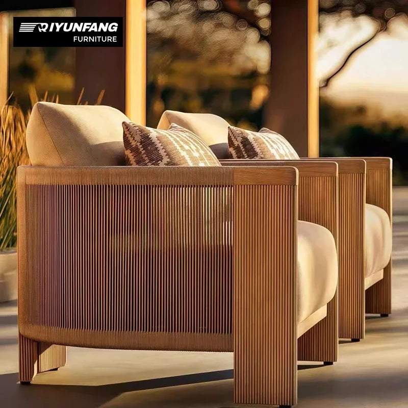 QYF-14 Outdoor Teak Wicker Sofa Set Solid Wood 3 Seater