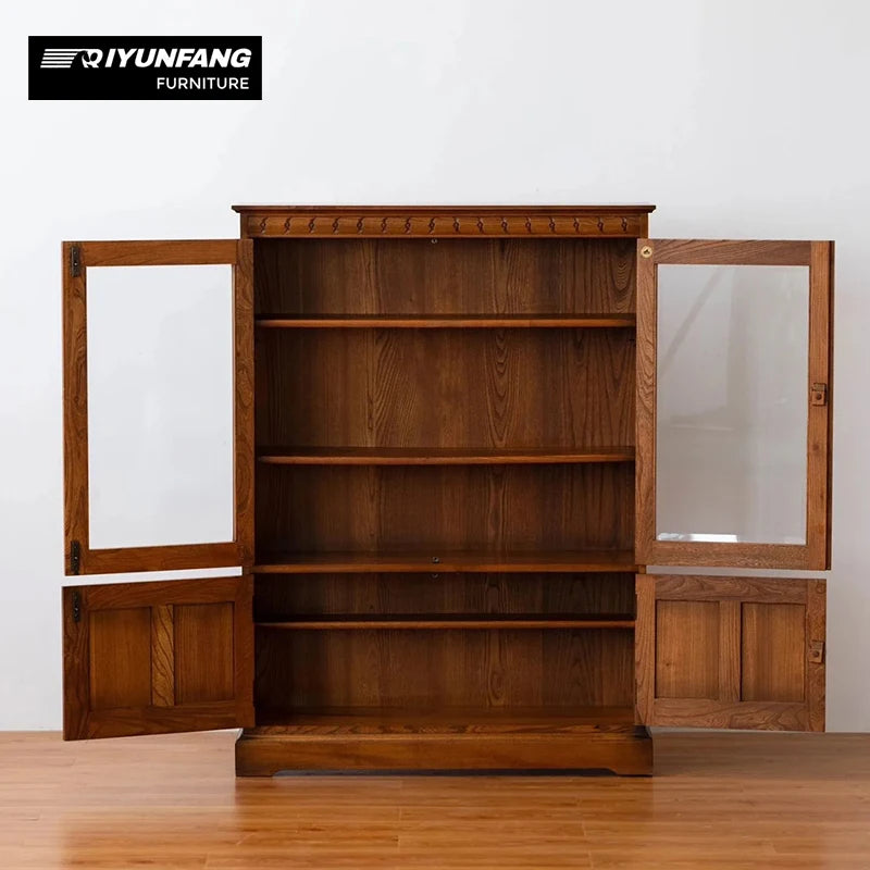 Solid Oak Wood Rustic Dining Hutch Cabinet Glass Display