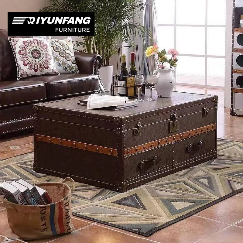Retro Leather Suitcase Coffee Table with Drawer Storage 120cm