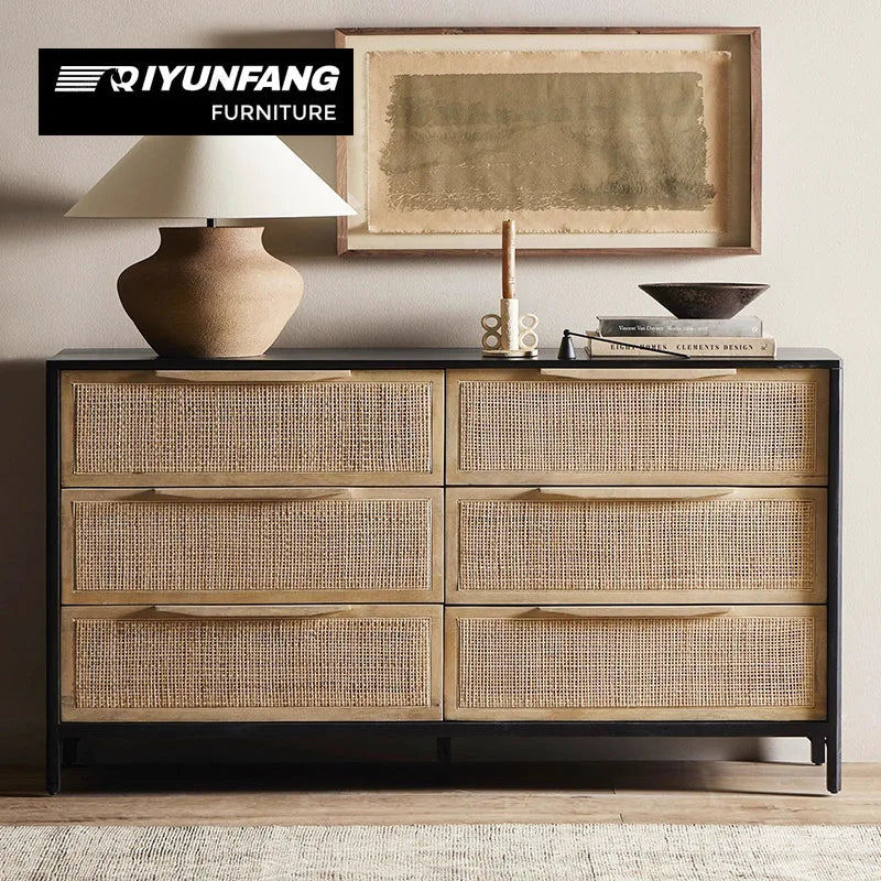 Solid Wood 6-Drawer Side Cabinet Rattan Woven Modern Storage