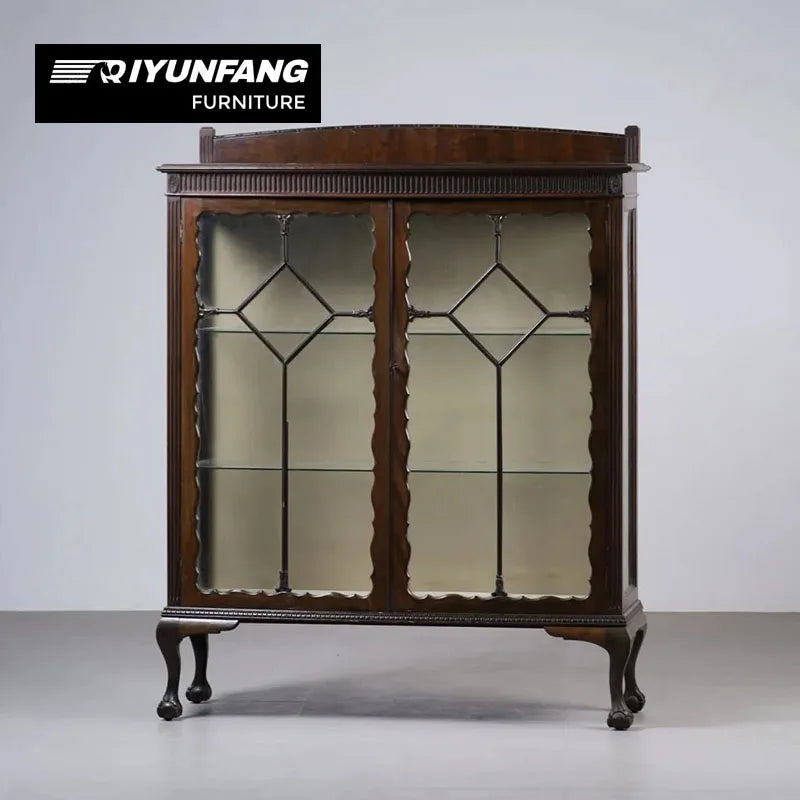 French Antique Carved Solid Wood Cabinet With Glass Doors