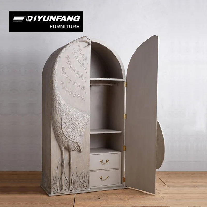 French Modern Solid Wood Wardrobe with Carved Crane 4 Drawers