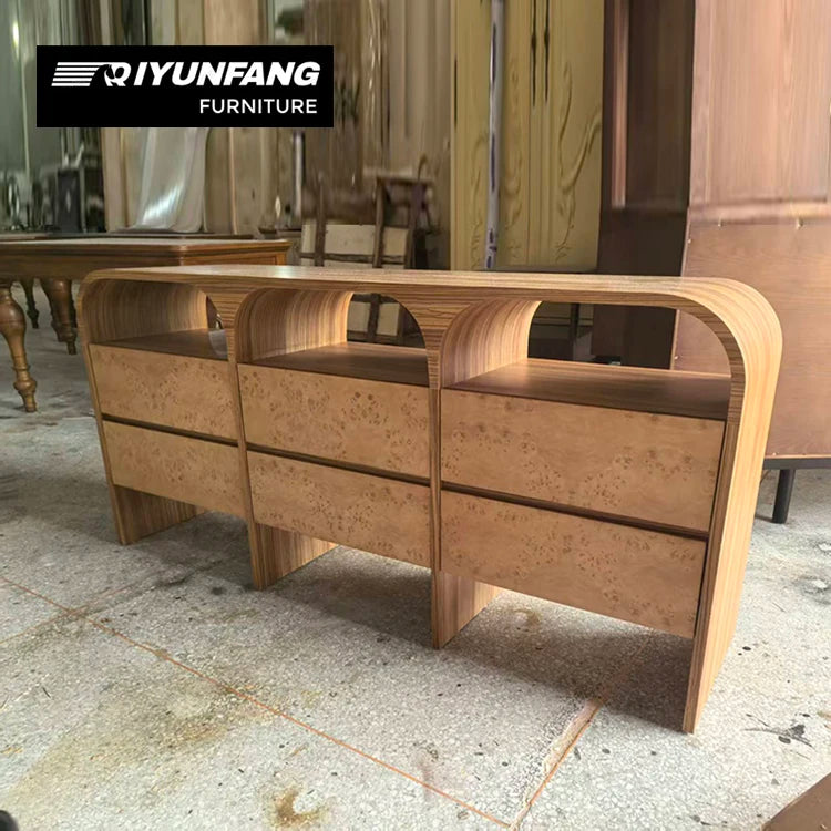 Retro Solid Wood Sideboard Minimalist 6-Drawer Curved Design