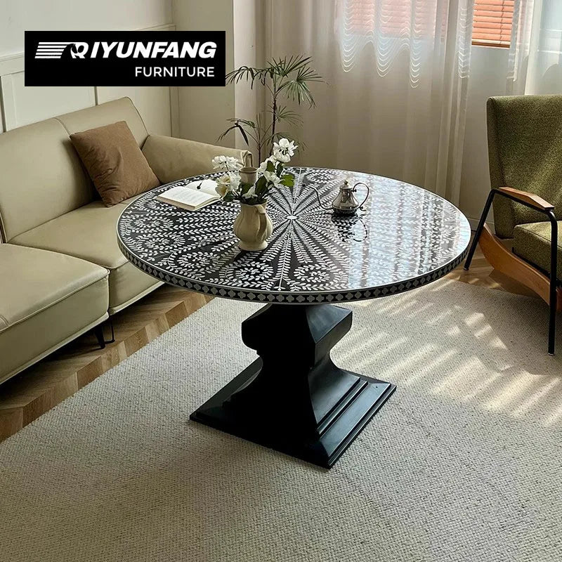 Neo-classical Round Dining Table Solid Wood Shell Inlay