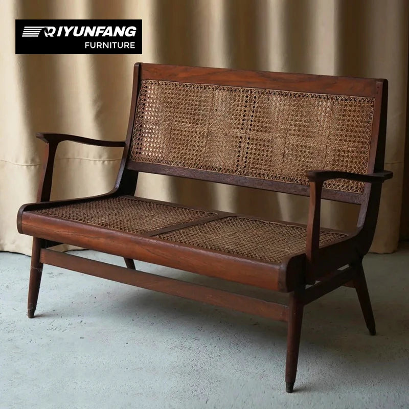 Traditional Nordic Solid Wood Rattan Sofa Chair Vintage Walnut