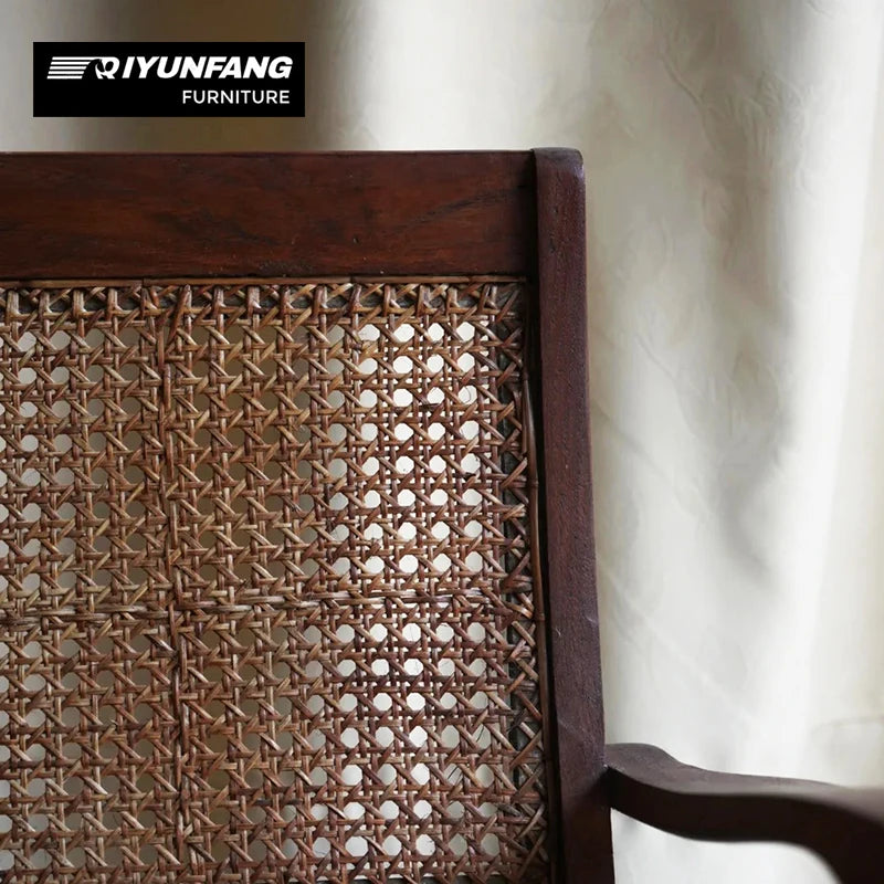 Traditional Nordic Solid Wood Rattan Sofa Chair Vintage Walnut