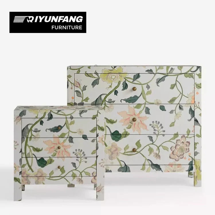 Hand-painted Floral Nine-drawer Wood Cabinet Modern Storage Unit