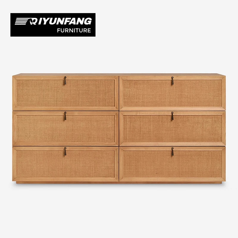 6-Drawer Rattan Storage Cabinet Modern American Ash Wood 165cm