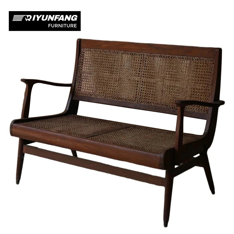 Traditional Nordic Solid Wood Rattan Sofa Chair Vintage Walnut