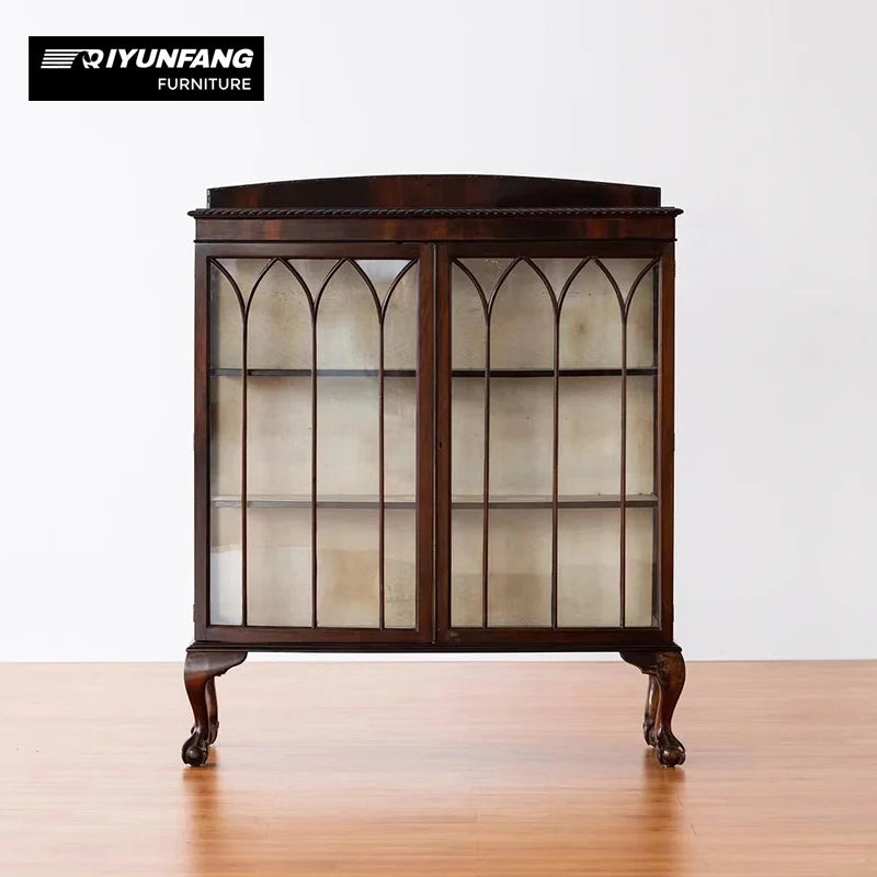 Vintage Antique Solid Wood Storage Cabinet Glass Doors