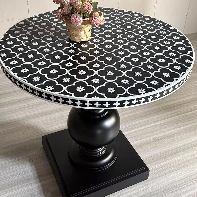 Modern Round Solid Wood Dining Table With Shell Inlay Base
