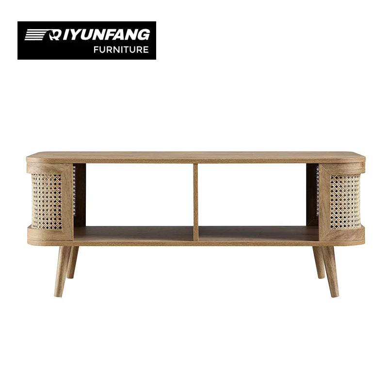 Vintage Oval Solid Wood and Rattan Coffee Table 110cm