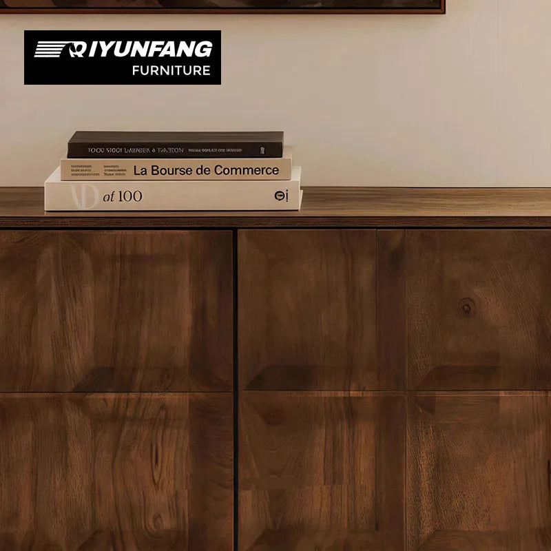 Solid Oak Wood Engraved Four-Door Living Room Cabinet Minimalist Design