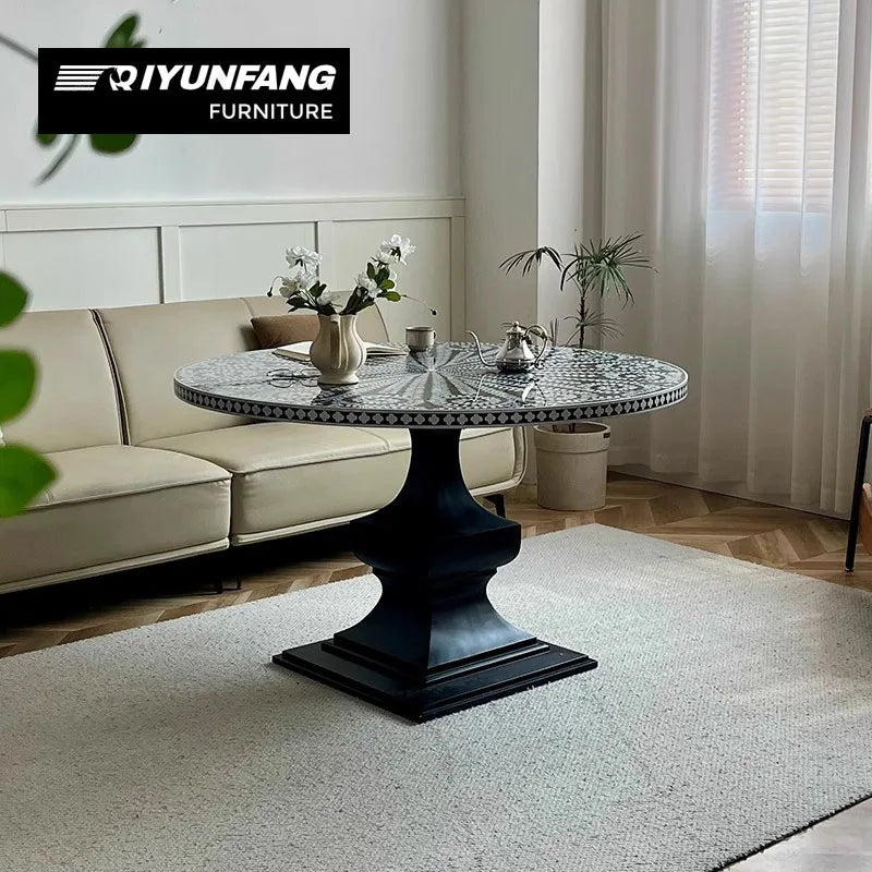Neo-classical Round Dining Table Solid Wood Shell Inlay