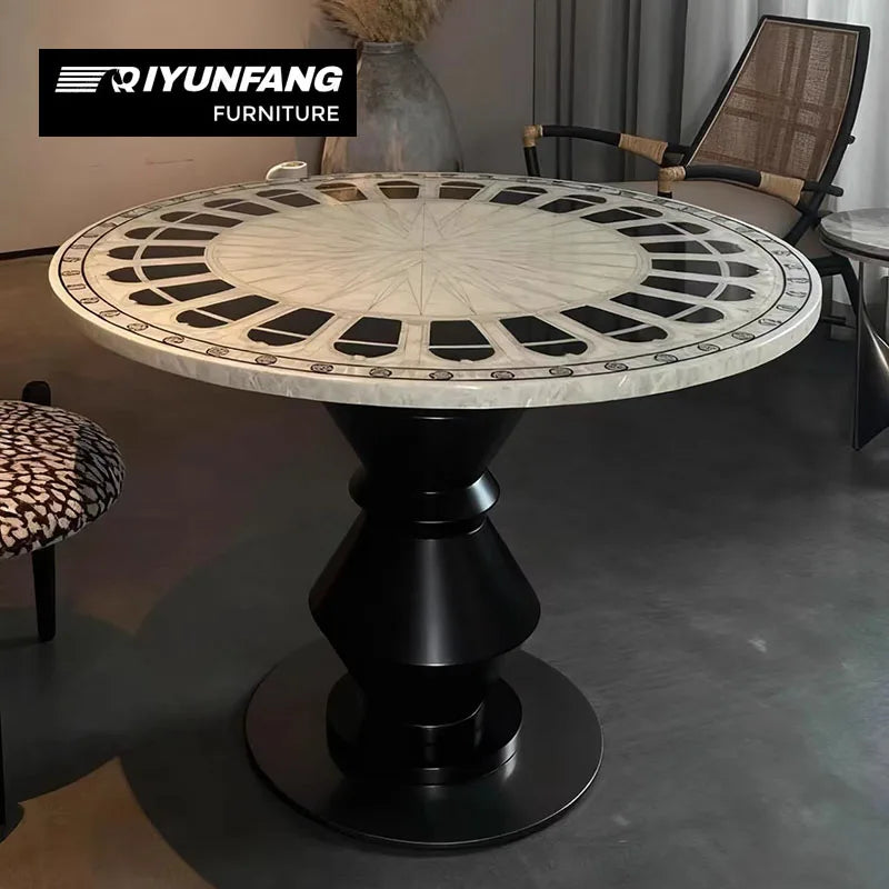 Shell Mosaic Solid Wood Round Dining Table Modern Sculpture
