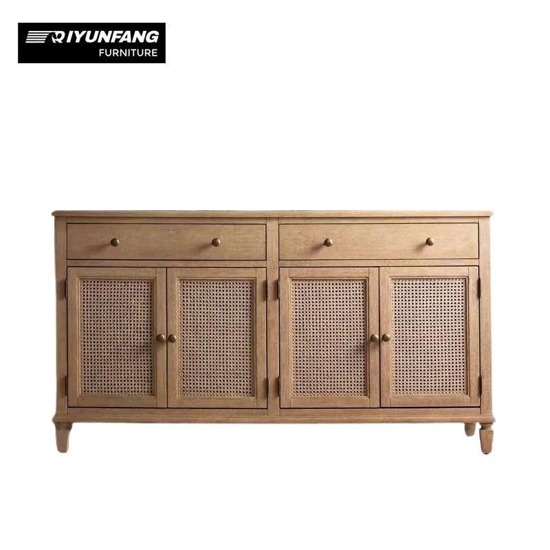 Solid Oak Wood Sideboard with Natural Rattan Storage Retro Style