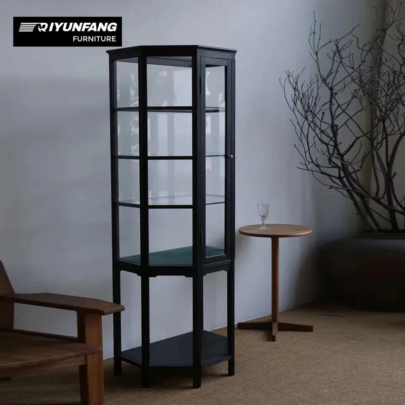 Solid Wood Glass Display Cabinet Vintage Floor Standing 180cm