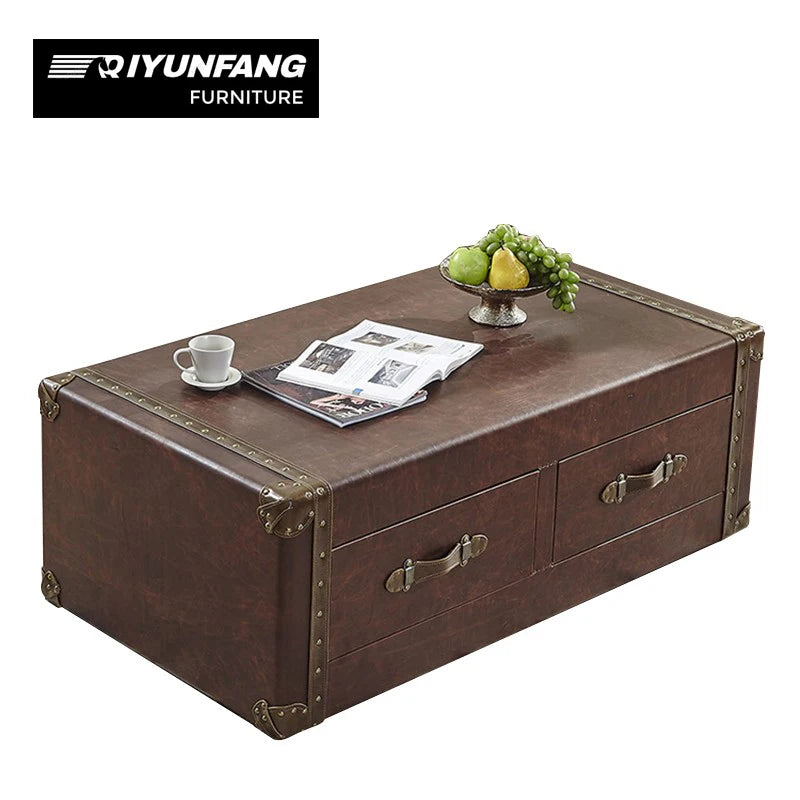 Retro Leather Suitcase Coffee Table with Drawer Storage 120cm